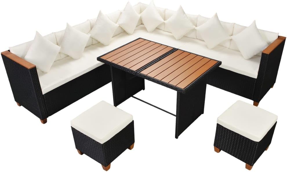 7TLG. GartenLoungeSet mit Auflagen Poly Rattan Schwarz,43001