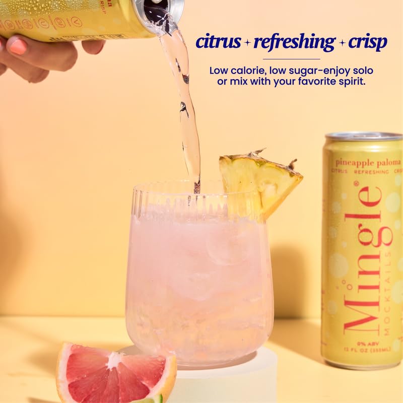 Mingle Mocktails Pineapple Paloma, Non Alcoholic Drinks, Alcohol Alternative Pre-Mixed Drinks Made with Real Juice, Canned Mocktails or Cocktail Drink Mixer, Gluten Free, Vegan, 24 Pack 12 fl oz Cans
