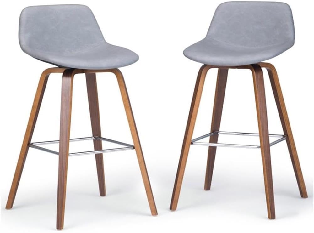 BOWERY HILL 28 in Counter Height Bar Stool Set, Stone Gray and Brown, Mid-Century Modern Design, Plywood and Bentwood Frame, Chrome Footrest, Indoor Dining Room Seating, Set of 2