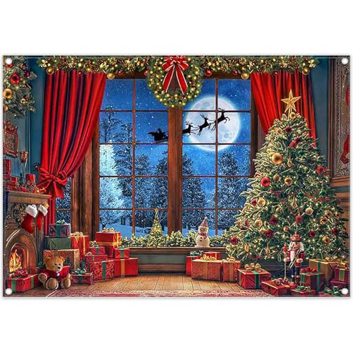 ZTHMOE Fabric 7x5ft Christmas Window Photography Backdrop Winter Banner