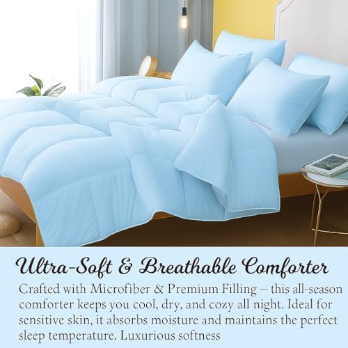 Image of Bed Comforter - King Size - Light Blue - 300 GSM Quilt Blanket Rajai - Winter Warm Down Alternative Duvet Insert with Corner Ties
