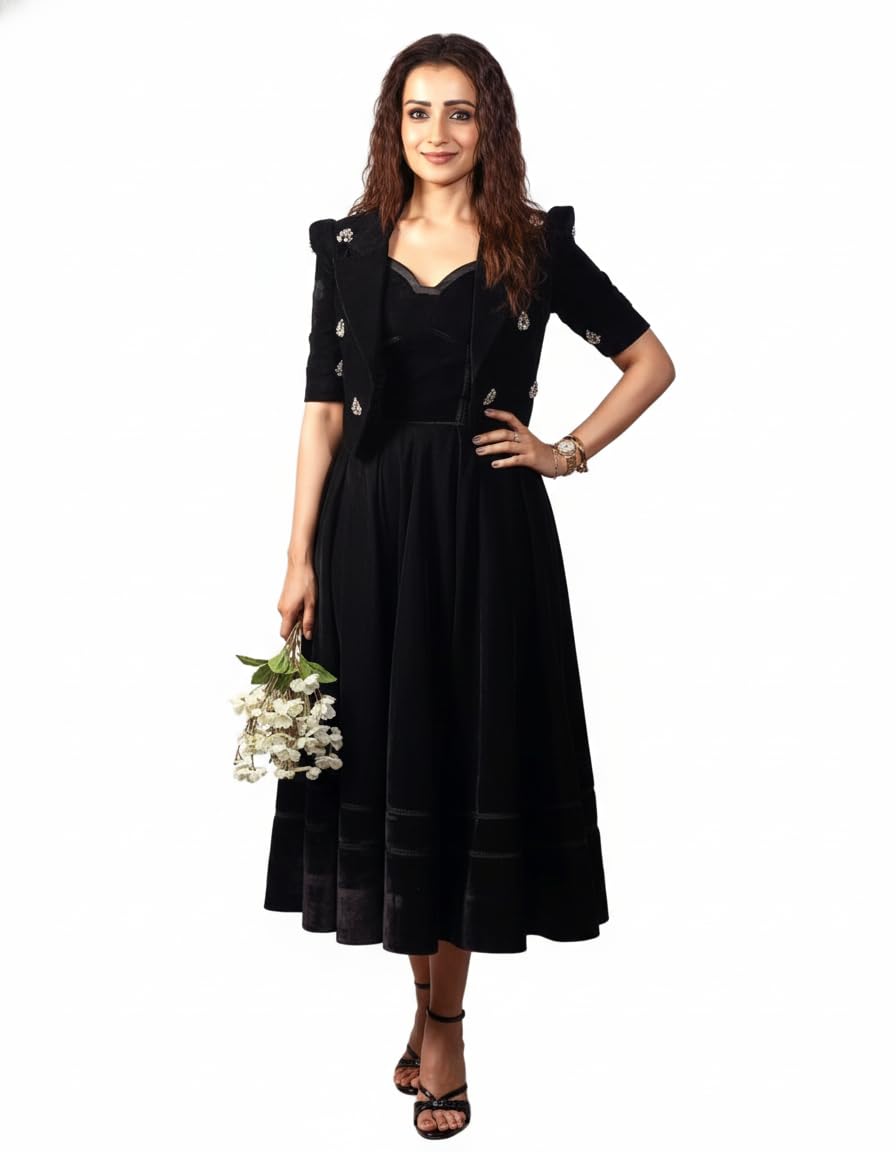 Black Velvet Dress and Embellished Blazer Set | Elegant Women’s Formal Party Outfit