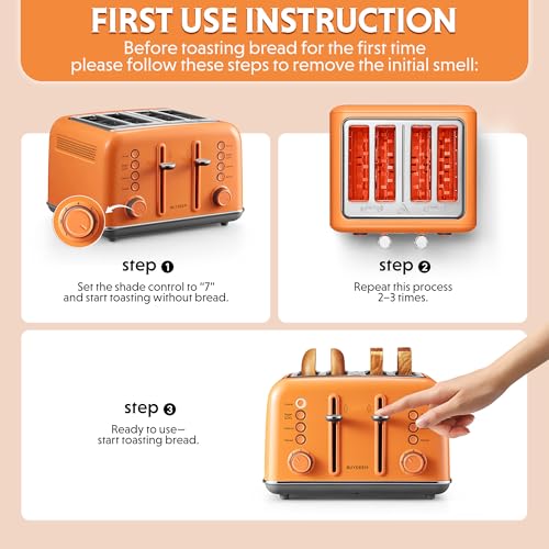Image of BUYDEEM DT640 4-Slice Toaster, Extra Wide Slots, Retro Stainless Steel with High Lift Lever, Bagel and Muffin Function, Removal Crumb Tray, 7-Shade Settings,Orange