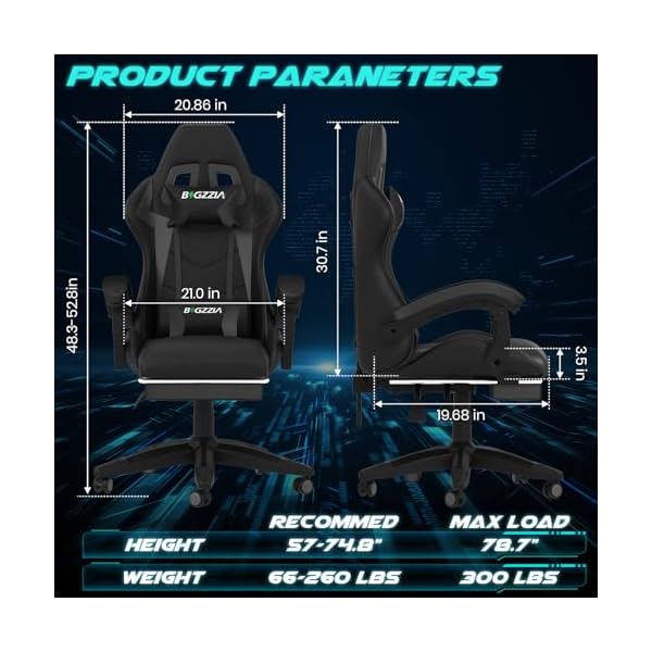 Ergonomic Gaming Chair with Footrest, Headrest, Lumbar Support, Reclining Backrest, and Adjustable Height for Adults (With Footrest, Black) - Image 4