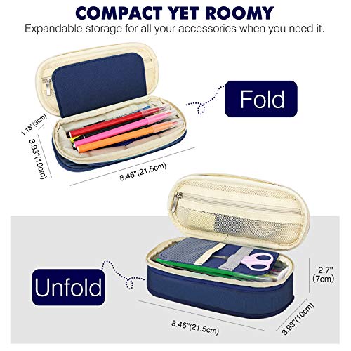 Image of MoKo Pencil Pen Marker Case, Storage Bag Pouch Stationery Organizer with Zippers for Office /School Supplies, Beige & Indigo