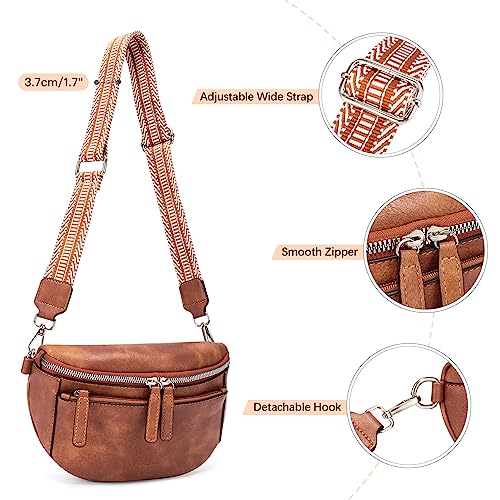 FIGESTIN Bauchtasche Damen, PU Leder Crossbody Bag Damen Breiter Gurt, Umhängetasche Damen Klein Verstellbarer Riemen Braun