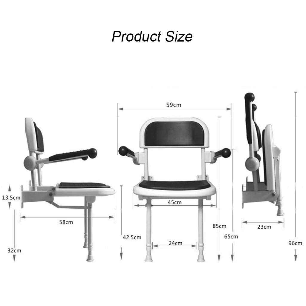 Plegar Silla de Ducha Soporte de Pared médico Taburete De Baño Asiento Antideslizante con apoyabrazos de Respaldo, Independencia y Estabilidad, para Ancianos discapacitados