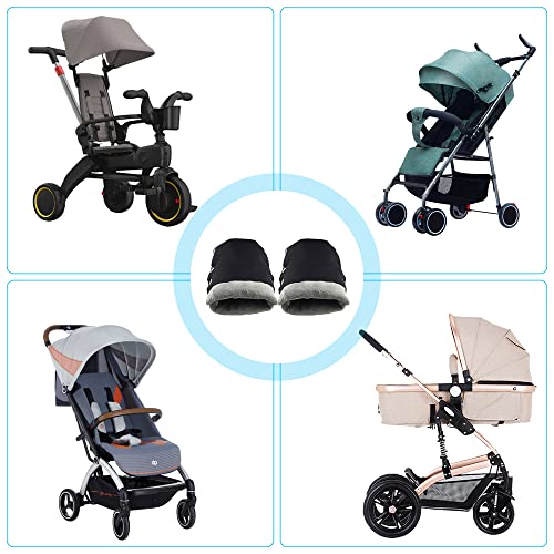 HIULLEN Kinderwagen Handschuhe Handmuff,Handwärmer Kinderwagen Handschuhe mit 2 Haken,Stroller Handmuff mit Fleece Innenseite Wasserdicht, Winddicht, für Kinderwagen Buggy, Radanhänger,Schwarz