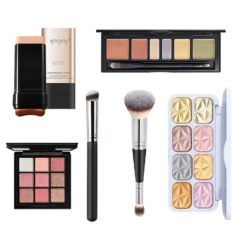 All-in-One Full Face Makeup Kit with Foundation Stick 6 Color Concealer Palette 8 Color Highlighter 9 Color Eyeshadow and Brushes Beginner Friendly Matte Shimmer for Women