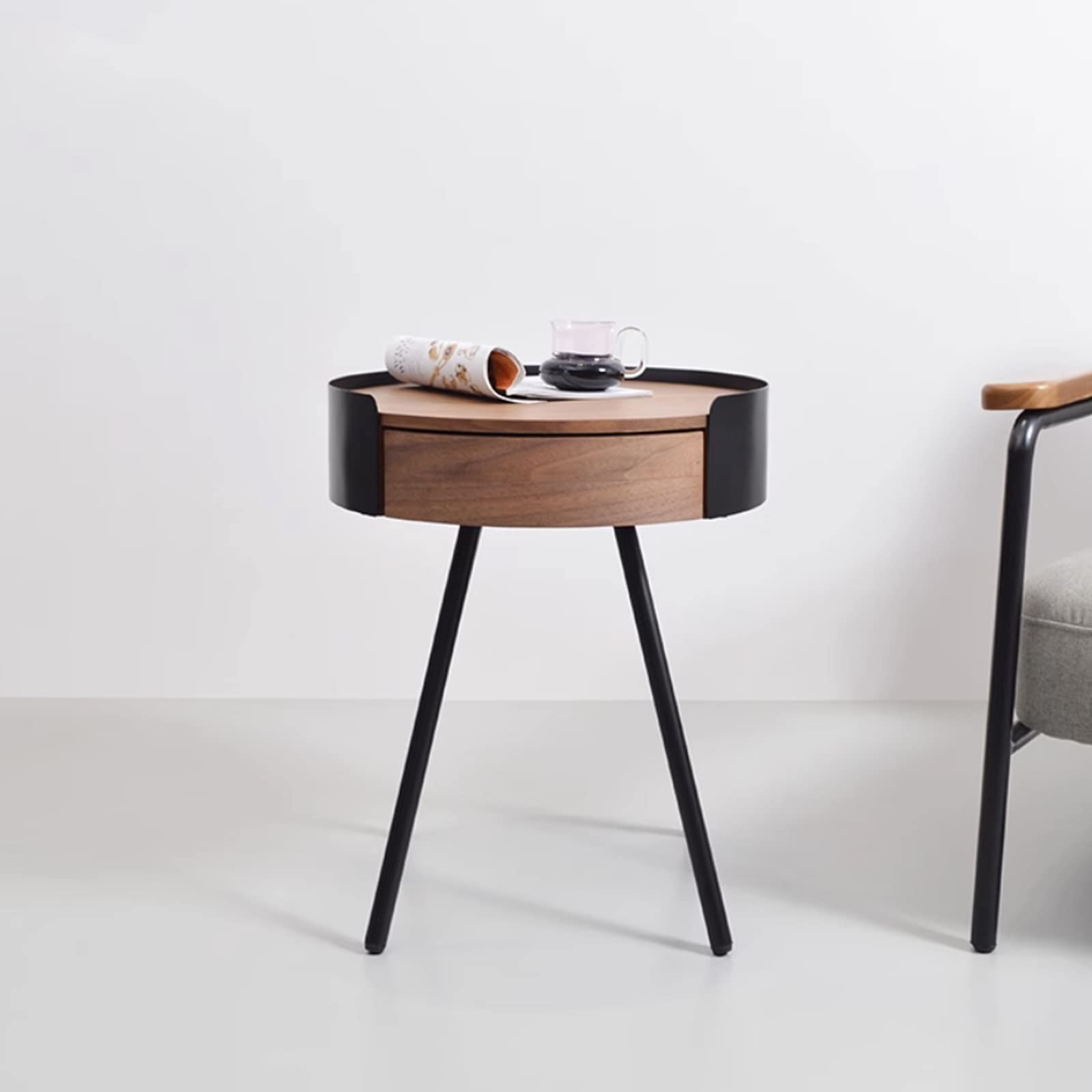 Tisch Bücherregal Nachttisch, runder Nachttisch, ideal for jeden Raum, Beistelltische, Wohnzimmer, Beistelltische, Schlafzimmer, Beistelltisch mit 1 Schublade und 4 schwarzen Beinen Industrieller Beis
