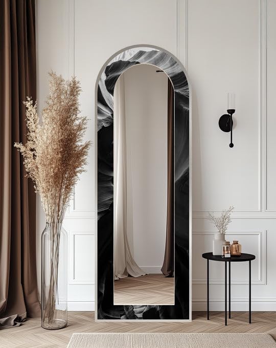 23,5’’W x 67’’ Obsidian Echo – Black Marble Texture Floor Mirror Full Lenght Mirror - Arch Full Body Stained Floor Mirror with Black Frame