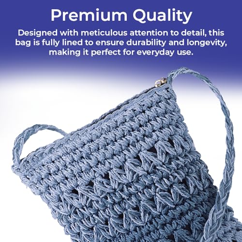 SAGEFINDS Blue Straw Handbag for Women, Woven Crossbody Purse for Summer and Beach, Shoulder Bag with Top Zip Closure, 8 ½” x 9 ½”4