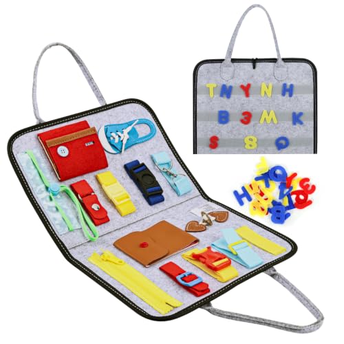 Image of Esjay Busy Board, Sensory Board for Fine Motor Skill, Montessori Toys Activities for 3+ Year Old, for Travel, Car, Grey Alphabet