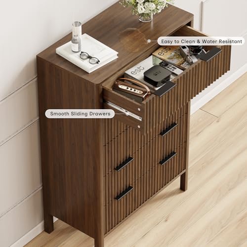 Image of 47 Inch Tall Dressers for Bedroom Fluted 5 Drawer Dresser, Wooden Dresser Modern Chest of Drawers Dressers with Organizer Storage for Bedroom, Living Room, Entryway, Walnut