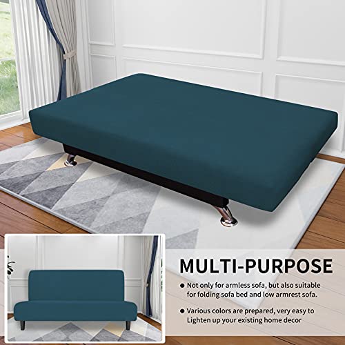 Image of Easy-Going Stretch Large Futon Slipcover Armless Futon Cover Deep Teal | Sofa Bed Furniture Protector Without Armrests with Elastic Bottom for Kids, Soft Jacquard Machine Washable
