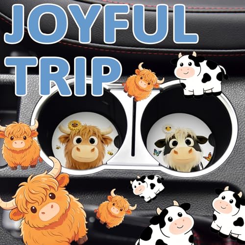 Cute Highland Cows & Dairy Cows Car Coasters 2 Pack - Absorbent Ceramic Cup Coasters with Finger Notch & Anti-Slip Cork Base, 2.6" Auto Cup Holder Coasters for Car Interior Accessories (Women/Men) — view 5