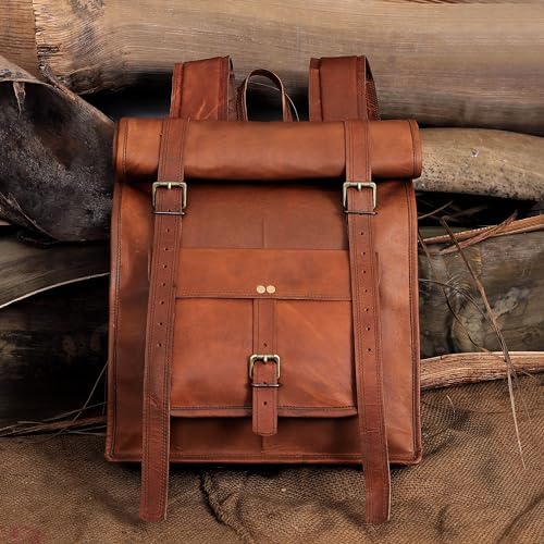 cuero Handmade Genuine Vintage Leather Backpack for Men Camping Travel Rucksack Bag Full Grain Goat Leather Casual Laptop Work Backpack For Men and Women Roll Top Backpack Brown3