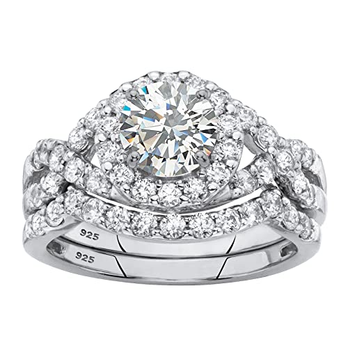 PalmBeach Platinum-plated Sterling Silver Round Cubic Zirconia Crossover Halo Bridal Ring Set Sizes 6-10