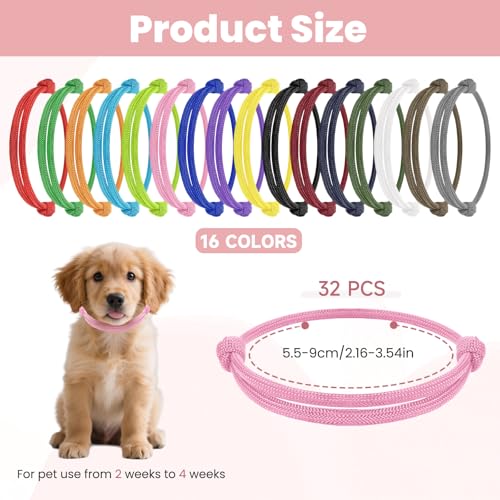 Tucnoeu 32 Stück Welpenhalsband Kitten Halsbänder Halsband Welpe, Einstellbare Weiche Polyester Identifikationsbänder für Neugeborene Haustiere (5.5-9CM, 16 Farben)