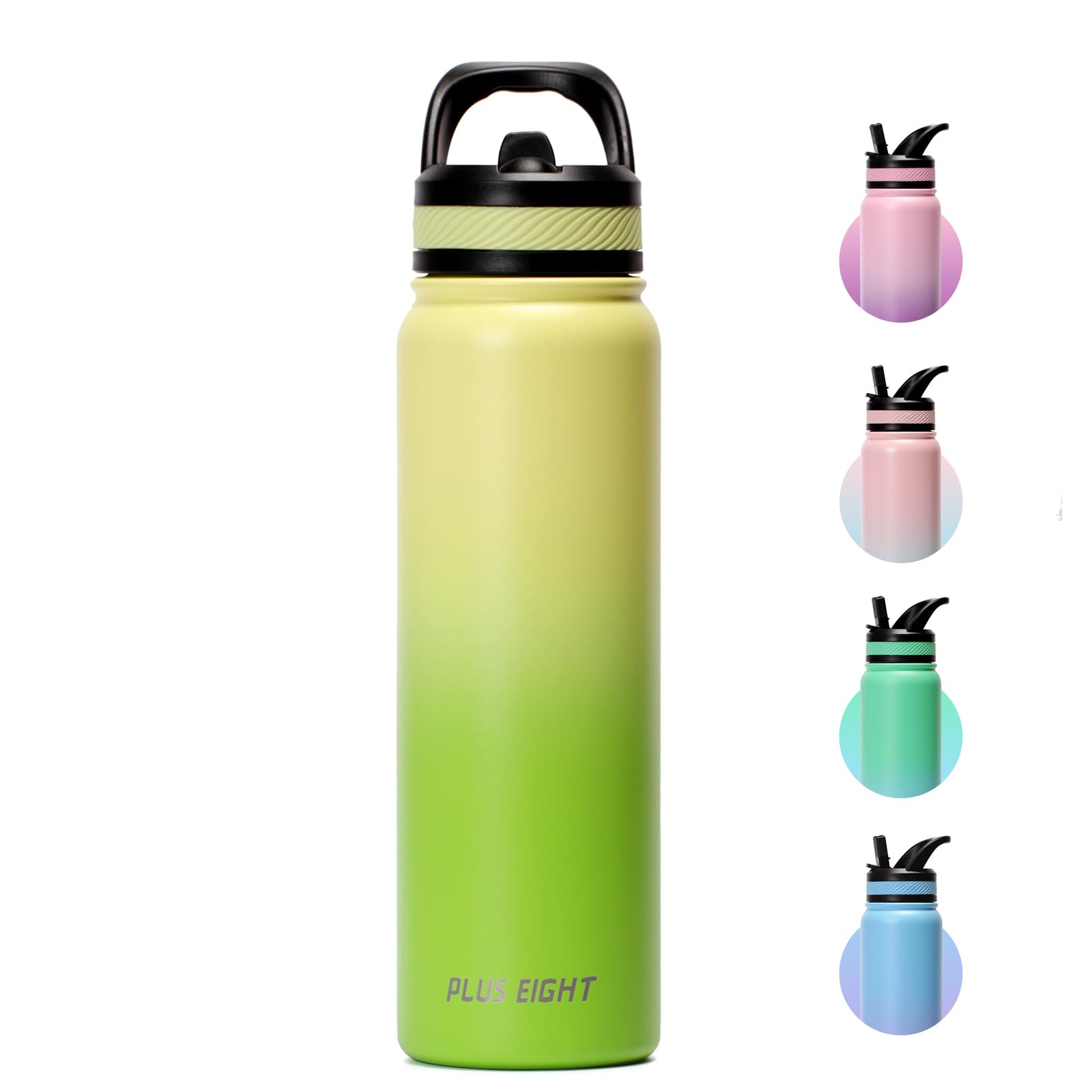 pluseight Edelstahl Trinkflasche, Auslaufsichere Edelstahl Flasche mit Strohalm und Deckel Für Schule, Kinder, Frauen, Männer | Auslaufsicher & Schweißfest mit Anti-Staub Deckel ﻿ (Gelbgrün, 1000 ml)