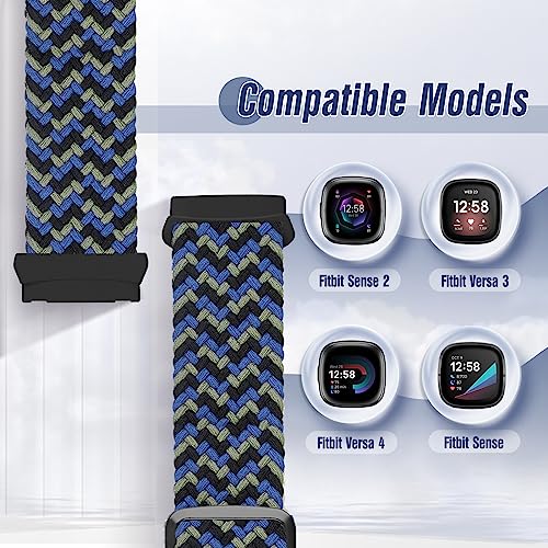 SHIJZWD Elastic Braided StrapCompatiblewithFitbit Versa 2 Pack Sport Nylon BandAdjustable Stretchy Replacement WristbandforFitbit Versa 3Versa 4Sense 2Sense Women Men Black+Camouflage Blue - Image 4