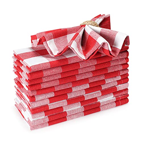 Farmhouse Cloth Napkin Set Of 12 100% Cotton Dinner Napkin Gingham Plaid Check Fabric Mitered Corners & Generous Hem Size 18"X 18" Color Red/White #TOP6