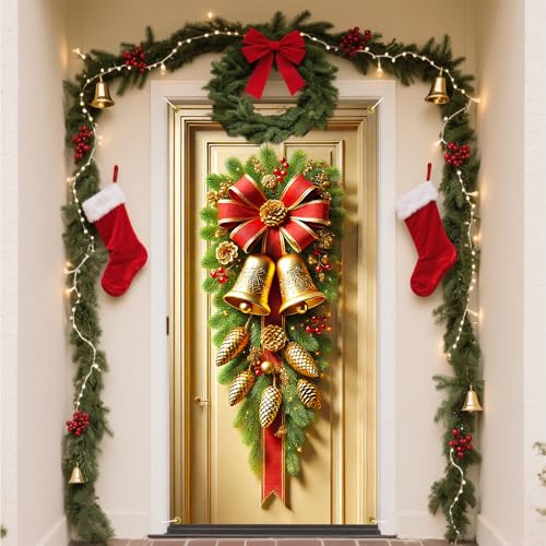 Image of Vertical Pine Swag Door Cover, Red Bow Gold Bell Christmas Front Door Decorations, Pine Cone Holiday Door Banner, Tall Winter Home Entrance Decor, 35.43 x 70.87 Inch