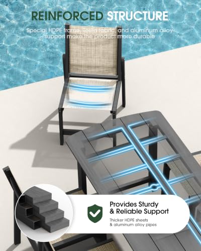 Image of HDPE Outdoor Patio Dining Set with Table & 4 Stackable Armless Textilene Chairs, All-Weather 5-Piece Dining Table Set with Umbrella Hole, Patio Furniture for Garden, Poolside, Backyard, Deck | Grey