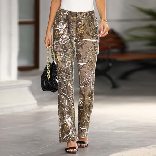 Women Camo Print Bootcut Jeans Mid Waisted Camouflage Cargo Slim Stretch Flare Denim Pant with Flap Pockets4