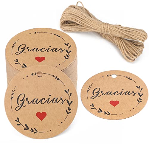 G2PLUS 100 peças Etiquetas de papel Kraft, etiquetas de presente, obrigado etiqueta etiqueta redonda com cordão para casamento festa comunhão, castanho (5 x 5 cm)