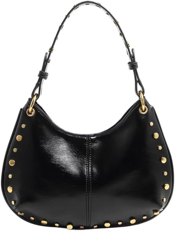 Studded Shoulder Purse for Women Gold Stud Faux Leather Saddle Bag Punk Streetwear Vintage Handbags