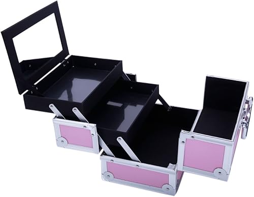 Miniatura 4 de Karl home Estuche de tren de maquillaje, organizador de cosméticos portátil, gran capacidad de almacenamiento con bloqueo de espejo para artistas,