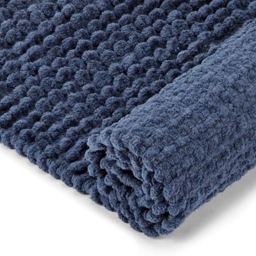 Image of haus & kinder Door Mat Cotton Chenille 1700 GSM | Ultra Soft Absorbent Anti Skid Bath Mat for Bathroom, Entrance & Kitchen | Thick Floor Mat | Dark Blue | 45 x 70 cm