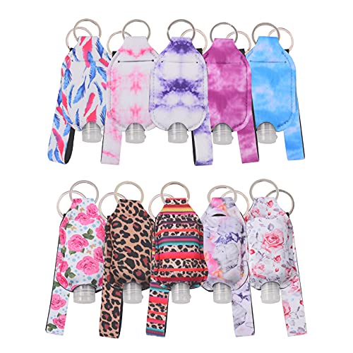 30 Pieces Hand Sanitizer Keychain Holders 10 Empty Travel Size Bottle with Flip Cap 1oz Container 10 Reusable Bottle Holders 10 Wristlet Keychain for Backpack and Purse(Multiple Patterns)
