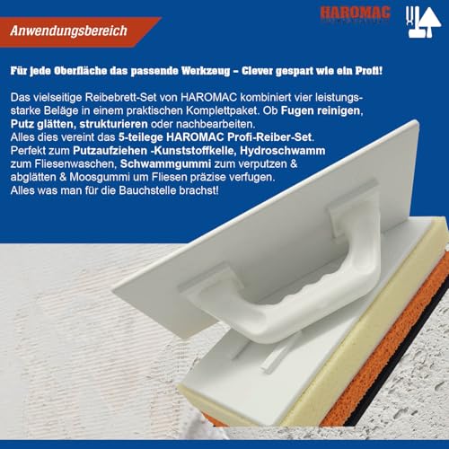 HAROMAC Profi Reibebrett Set 5-teilig – – inkl. Glättbrett, Schwammbelag & Zellkautschuk – für Fliesen, Fugen, Putz & Struktur – Innenausbau-Reiberset - Made in Germany