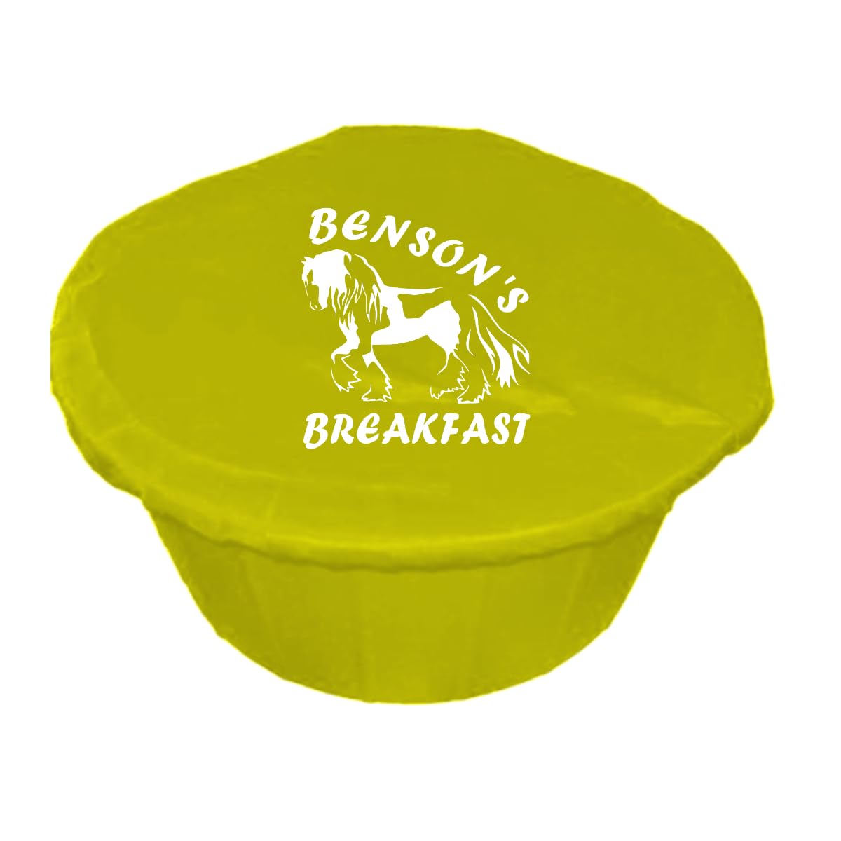 Personalised Horse Design Feed Bucket Cover, Multiple Colours Available, Morning and Teatime Feed Design or Custom Text, Gypsy Cob (White Vinyl, Yellow) โ image 1