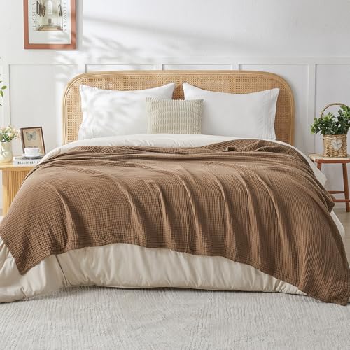 EMME Cotton Muslin King Blanket Bed Layering Breathable Gauze Blanket Soft Lightweight Blankets Adults (Brown, 108"x90")