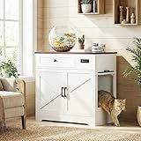 LIKIMIO 31.5' Cat Litter Box Enclosure with LED Odor Control, Farmhouse Hidden Cat Litter Box Furniture with Hinged Entrance and Drawer, Litter Box Cabinet for Living Room, White