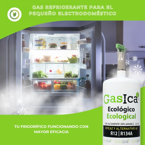 2x Envases GASICA PRO D2 - Gas Refrigerante Ecológico Orgánico - Equivalente 900g (R134A y R12) Apto para carga A/C Autos y hogar.
