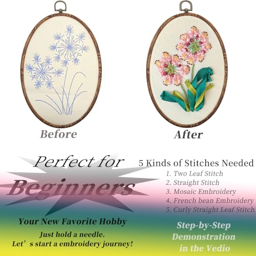 Image of FONNUY Ribbon Embroidery 3D Flowers Pattern Design Kit Embroidery DIY Handwork Set Oval Home Decoration (Pink Crabapple)