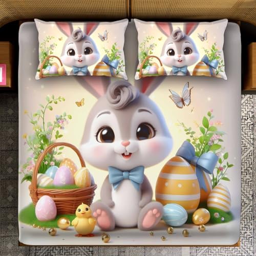 Image of Digital Printed Heavy Quality Glace Cotton 7D Bedsheet for Double Bed, 90 inch x 100 inch Flat Bedsheet with 2 Matching Pillow Covers, 300 TC (Bunny)