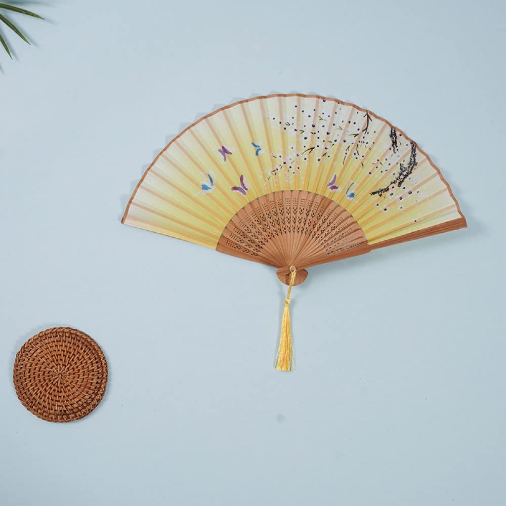 NZPOST Hand Fan Folding, 2Pcs Folding Bamboo Fans Exquisite Cherry Blossoms Butterfly Yellow Silk Fans With Tassel Handmade Japanese Chinese Fan For Dancing Party Wedding