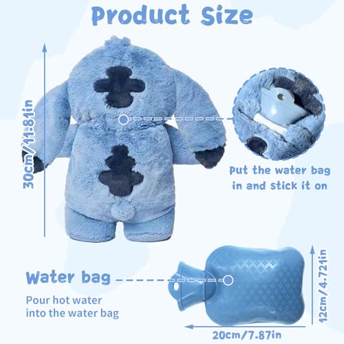 Fluffy Wärmflasche Blau für Kinder - Plüsch Kuscheltier mit Herausnehmbarem Innenbehälter, weicher Handwärmer