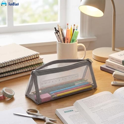 Image of FunBlast Mesh Pencil Case with Smooth Zipper, Single Layer Multi-Purpose Stationary & Pen Pouch for Boys & Girls, Transparent Stationary Bag, Organizer Pouch for Student (Grey-C)