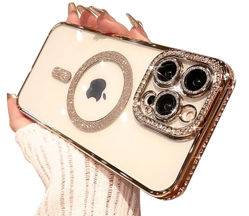 Coque transparente Magsafe pour iPhone 14 Plus avec finition paillettes dorées premium