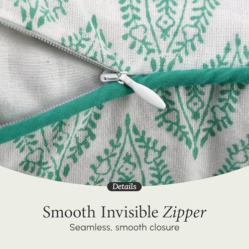 CPC 100% Cotton Throw Pillow Covers 18x18 Inch, Set of 2 Green Block Print Pattern Couch Pillow, Cute Boho Decorative Pillows for Living Room, Bedroom with Hidden Zipper- Sea Green