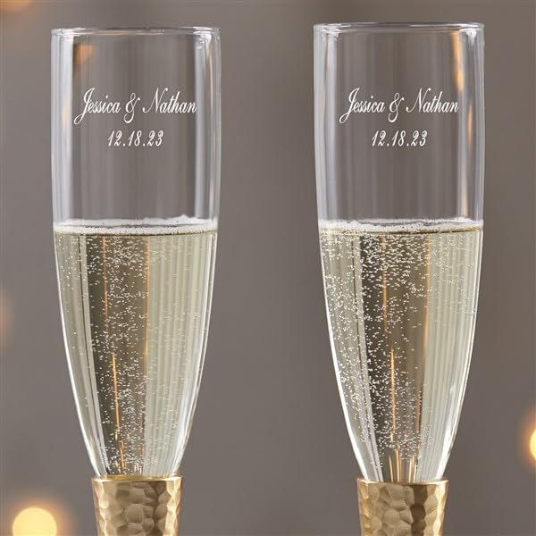 Personalization Universe Gold Hammered Engraved Champagne Flute Set - Custom Wedding Decor, Vintage-Inspired Glass for Bride and Groom - 5 oz, Gift Box Included