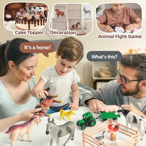 KNASON Bauernhof Spielzeug,23 Stück Bauernhoftiere Set mit Realistischen Tiere Figuren,Traktor Spielzeug und Zaun Montieren,Pädagogische Bauernhof Spielsets Geschenk für Kinder Kleinkind ab 3 Jahre