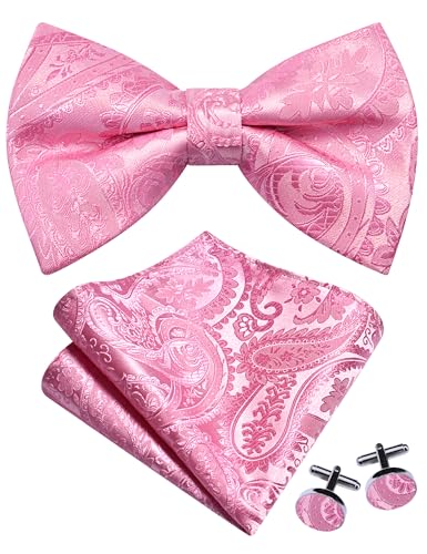 GUSLESON Pink Bow Tie Pocket Square Set for Men Pre-Tied Paisley Bowties Handkerchief Cufflinks for Wedding (0489-05)