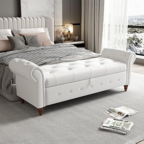 NIOIIKIT 63'' Storage Ottoman Bench, End of Bed Button Tufted Ottoman Bench, Rolled Armed Ottoman Couch Long Bench for Bedroom, Living Room, End of Bed, Hallway (Cream White, Polyester) Cover
